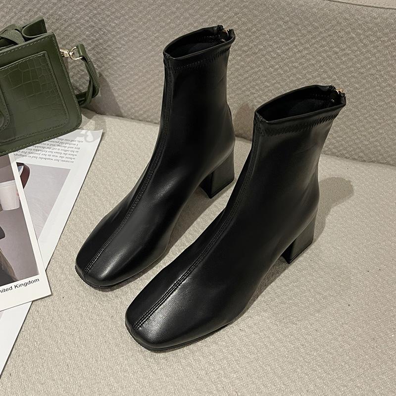 Elastic Skinny Boots Short Boots Medium Heel Thick Heel Square Head Martin Boots Retro and Naked Boots Spring and Autumn New