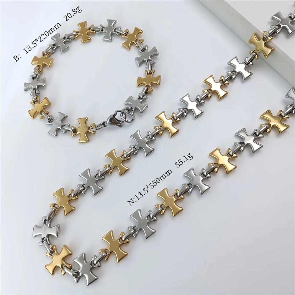 Großhandelsversorgung Edelstahl Kreuz Kette Armband Halskette Punk Rapper Unisex Tägliches Tragen Schmuckset