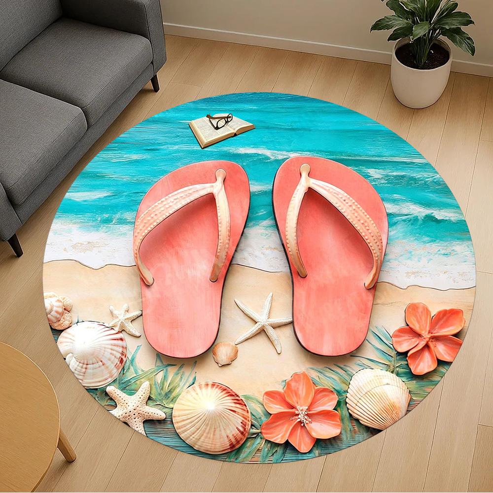 1PC Beach Sandal Starfish Shell Office Round Area Rug, Under Office Chairs Bedroom Living Room Home Decor,Carpet for Office, -1110230