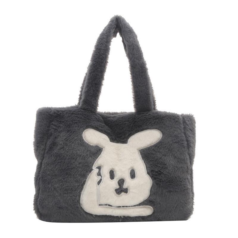 Wholesale Fashion Street Style Large Capacity Plush Tote Bag Women Winter Bunny Embroidery Shoulder Bag