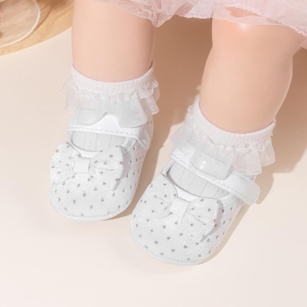 2025 Girls' Velvet Bow Princess Walker Shoes - Soft Sole, Korean Style