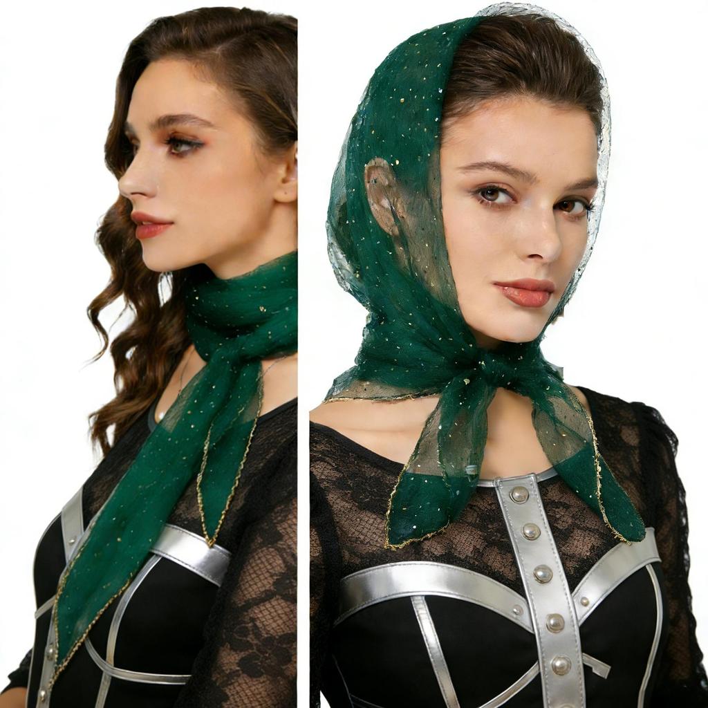 80cm Glitter Rhinestone Square Scarf, Sparkly Mesh Head Wrap for Women