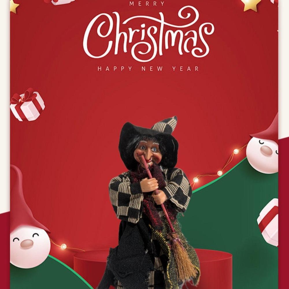 Halloween Plaid Apron Witch with Broom Ornament, Cute Ornament, Room Atmosphere Prank Decoration, 3 Pcs