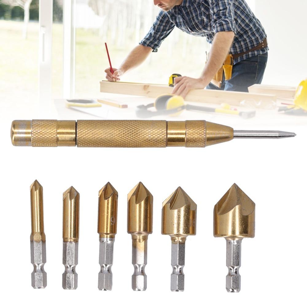6pcs 5 Flute Countersink Drill Bit Set Hex Shank 1/4 Inch Chamfering Tool  Woodworking Drilling