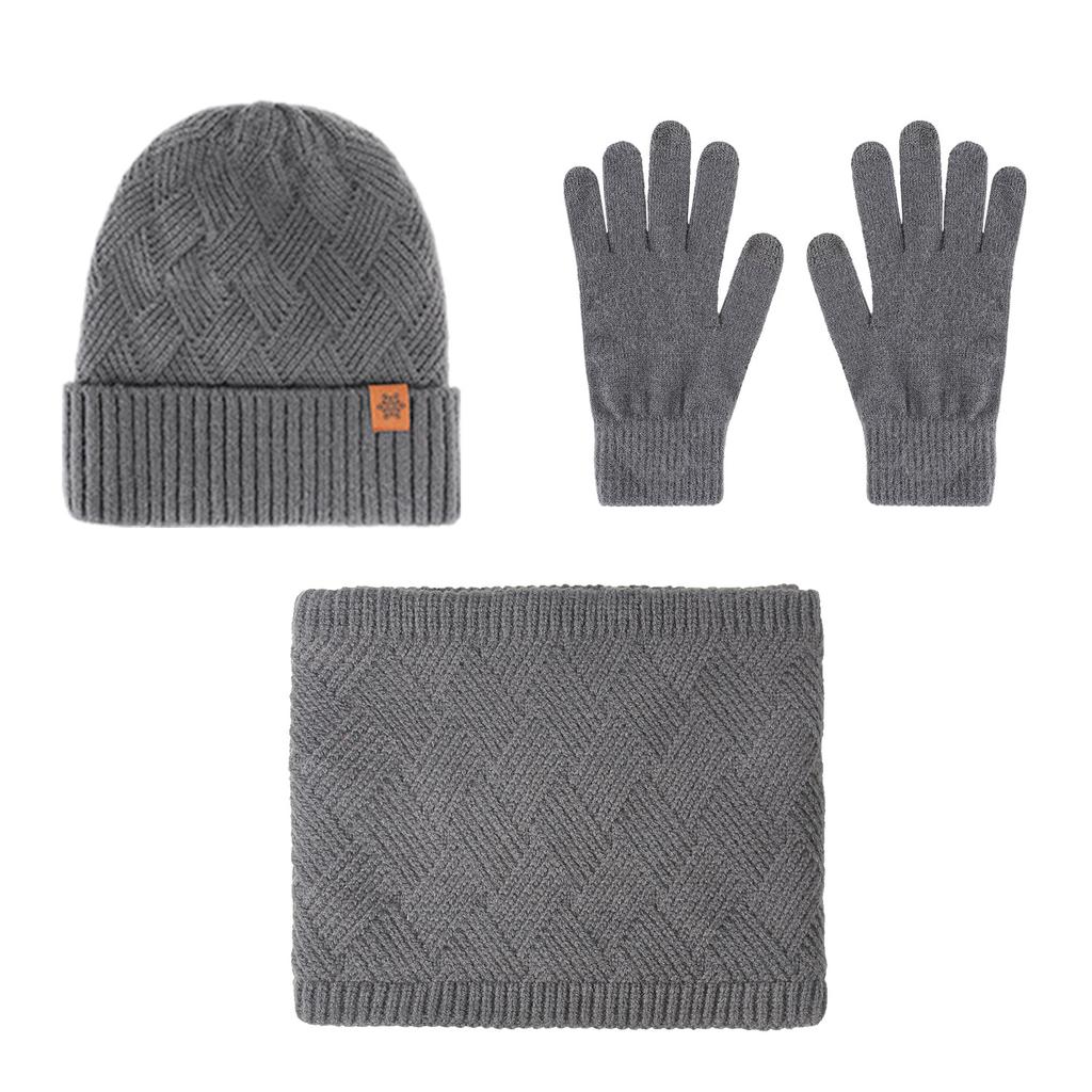 Winter men's knitted hat, cold-proof knitted scarf, piled and thickened double-layer scarf gloves, hat three-piece set