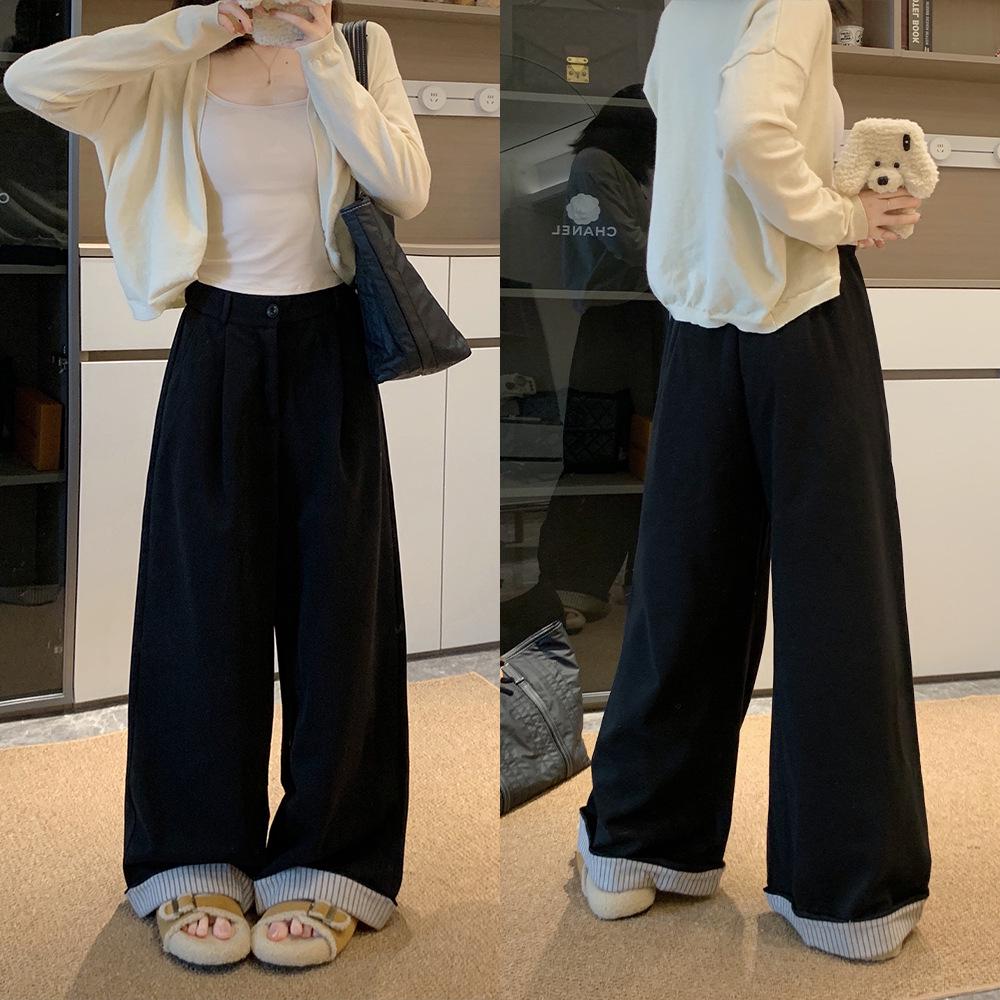 Women's Plus Size High-Waisted Wide-Leg Wool Pants - Loose, Cuffed, and Thickened for Autumn/Winter