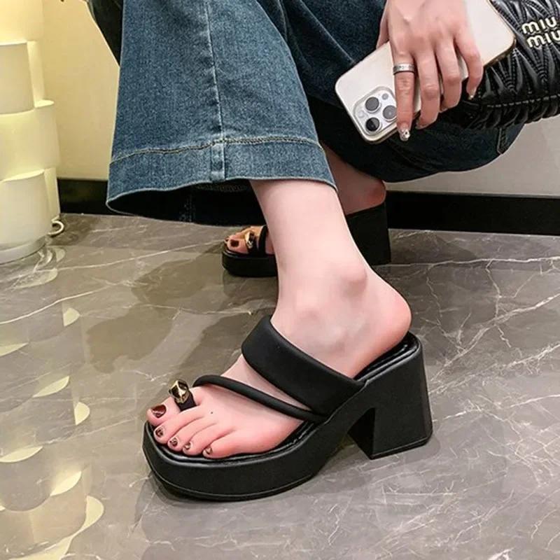 High Heels Women Slipper 2024 Summer Square Toe Woman Platform Sandales Women's Pumps Party Shoes Casual Black Sandalias Luxury