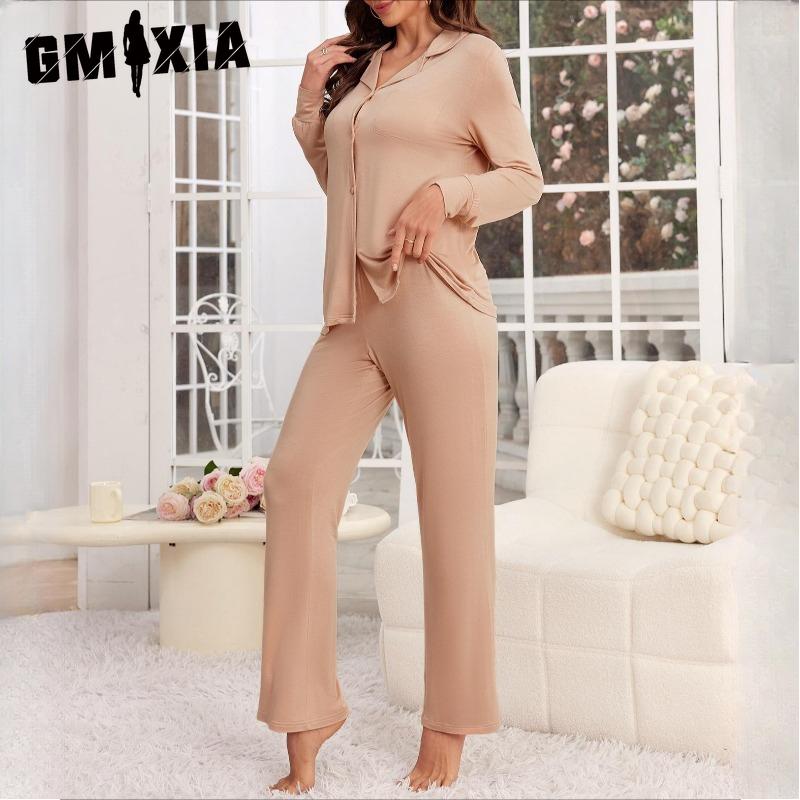 GMXIA Pyjamas Female Autumn and Winter Red New Year Christmas Ice Silk Long-sleeved Shirt Trousers Two-piece Homewear