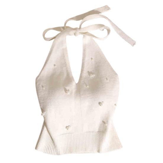 Женские Топы На Бретельках С Бусинами И Искусственным Жемчугом Топ-Майка Мягкий Эластичный Свободный Крой Однотонный Вязаный Топ Для Работы И Вечеринки белый