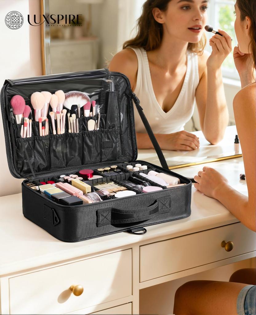 Luxspire Makeup Cosmetic Makeup Brush EVA Makeup Cosmetic Makeup with Shoulder Professional Divided Adjustable Functional Large Shock Cosmetic Storage