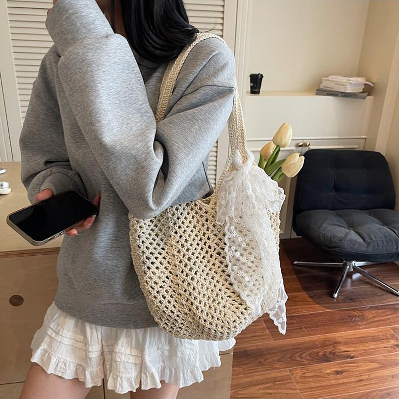 Yogodlns Women Crochet Tote Bag Fashion Knitted Large Capacity Woven Shoulder Bags Solid Color Simple Shopping Bag for Summer Beach