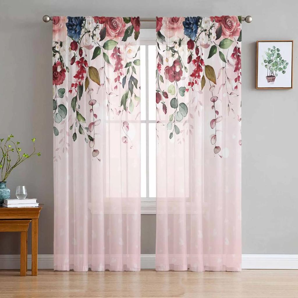 Rose Flower Leaves Tulle Curtains For Living Room Sheer Curtain For Bedroom Kitchen Blinds Voile Curtains