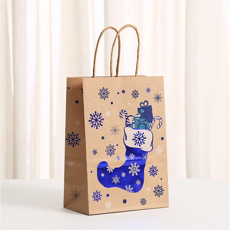 Blue Christmas Gift Bag Kraft Paper Party Favor With Cartoon Print Handheld Candy