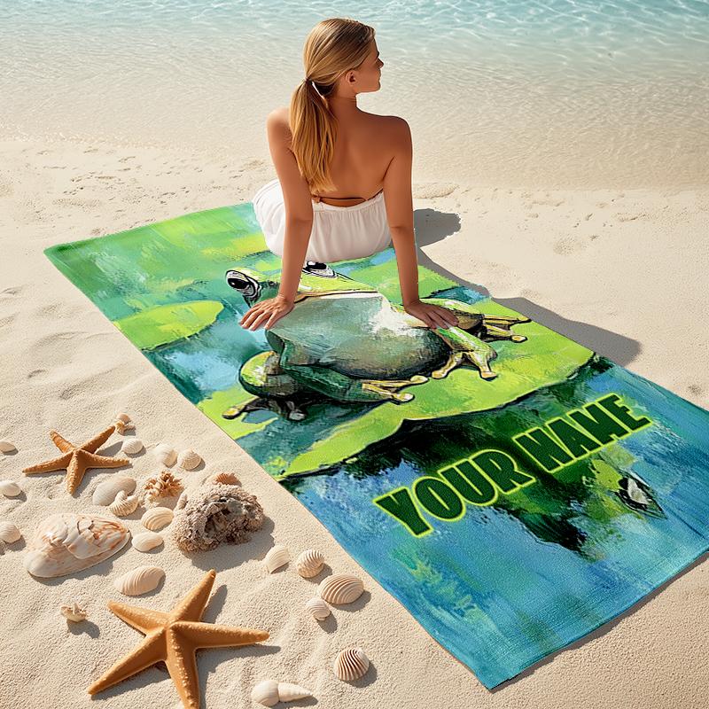 1PC Custom Name Frog Lily Pad Beach Towel Highly Absorbent And Sand-Resistant Towel for Swimming, Pool, Yoga, And Travel Lightweight