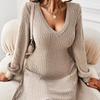 Frauen Herbst Winter V-ausschnitt Puff Ärmel Einfarbig EINE Linie Warme Hohe Taille Kleid S-XL