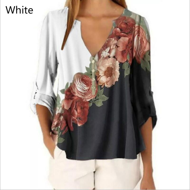 

Women s V-neck Floral Print Shirt Top Chiffon Shirt 5XL белый