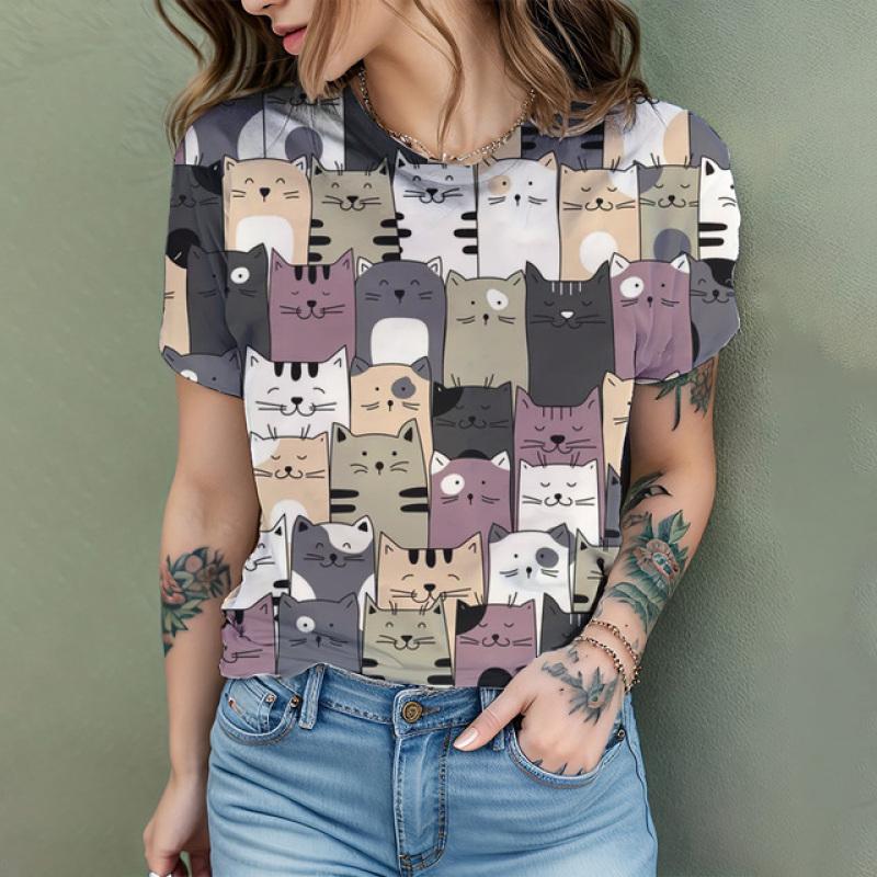 2024 New Fashion Women's T Shirt Cute Cat Printed Short Sleeve Round Neck Fun Pattern T Shirt Summer Home Casual Women's Tops