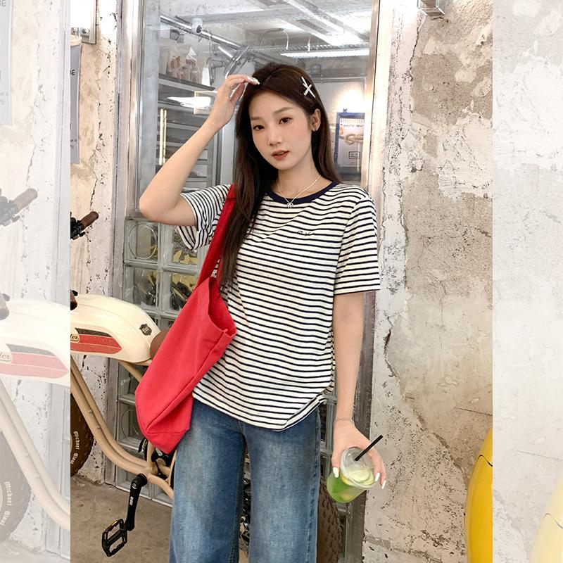 Crew neck striped color embroidered design short-sleeved T-shirt women's summer new loose Korean slim top