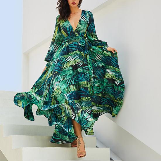 Übergröße Böhmisches Strand Damen Blätterdruck V-Ausschnitt Lange Laternenärmel Maxi-Kleid