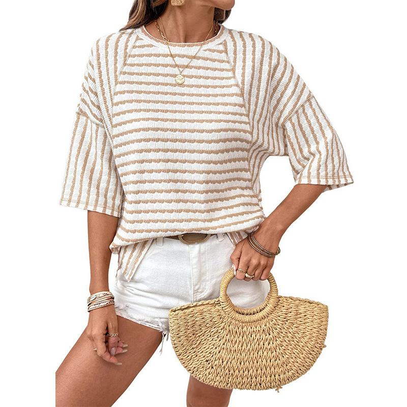 Women's Fashionable, Casual And Versatile Striped Mid-sleeve T-shirt Top