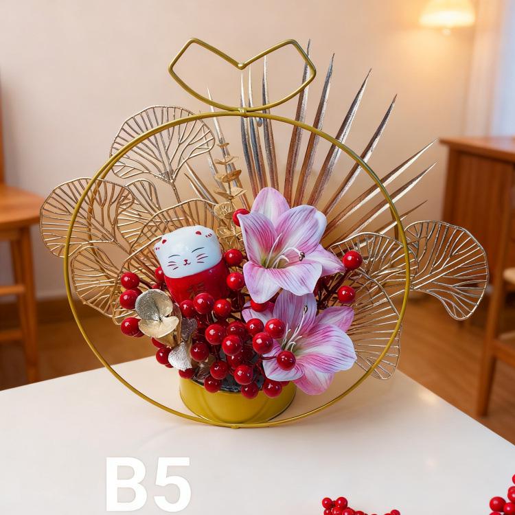 

New Year Artificial Flower Decoration: Wrought Iron Lucky Fruit Bucket for Living Room & Dining Table - Perfect for Housewarming & Weddings.