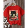 Kids Cartoon Black Cat Eating Instant Noodles Graphic Crewneck Short Sleeve T-Shirt