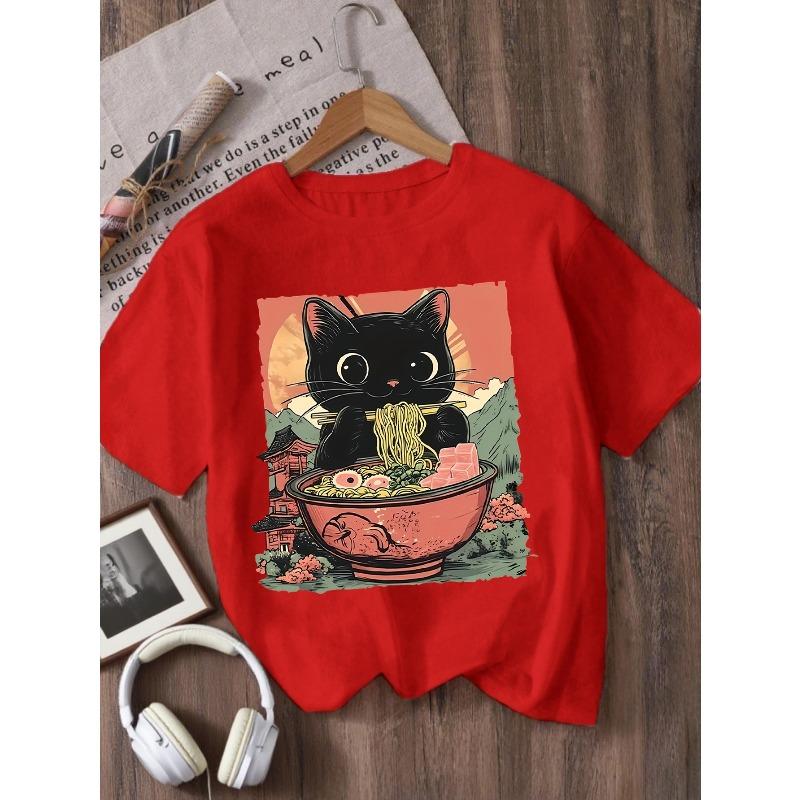 Kids Cartoon Black Cat Eating Instant Noodles Graphic Crewneck Short Sleeve T-Shirt