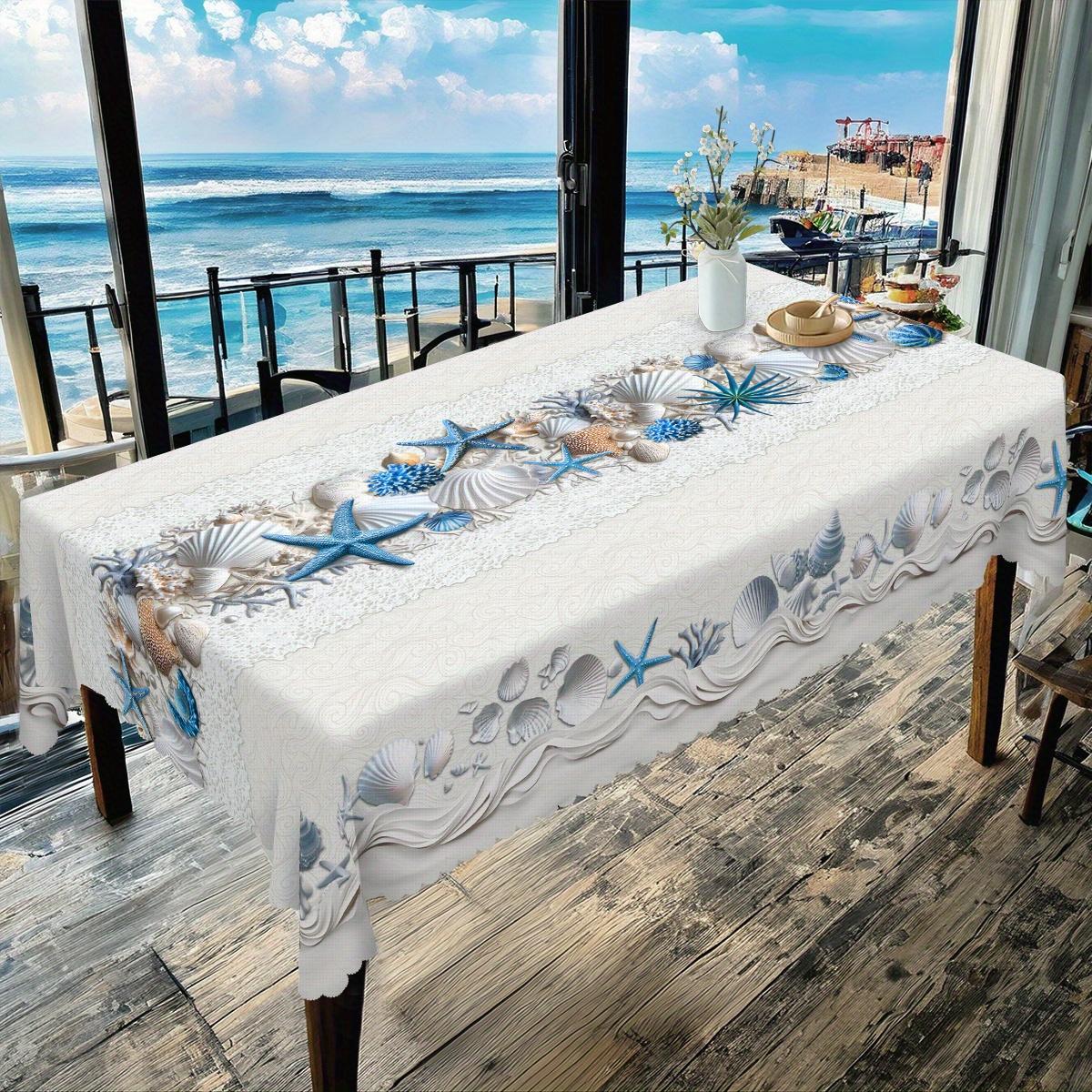 Nappe sur le thème de l'océan, Housse de table style plage côtière Étoile de mer Coquillage Conque Corail Sable Impression Papillon, Polyester Rond Rectan 140x240cm