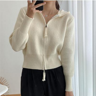 Cardigan tricoté à fermeture éclair de couleur unie pour femme, veste pull à capuche à section courte, mode printemps et automne, confortable, polyvalent et à la mode