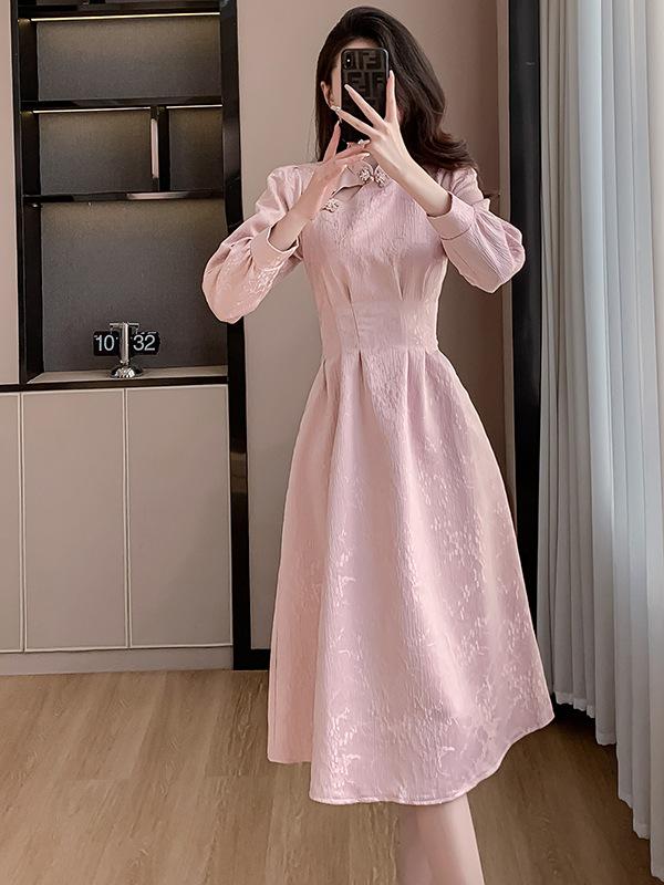 Pink Cheongsam Long Sleeve Bridesmaid Dress - Spring Engagement and Homecoming Style