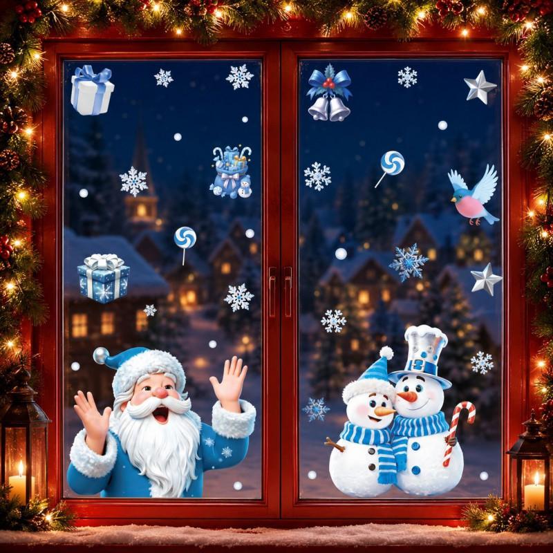Blue Christmas Window Stickers Snowman Santa Claus Decals Winter Holiday Decorations