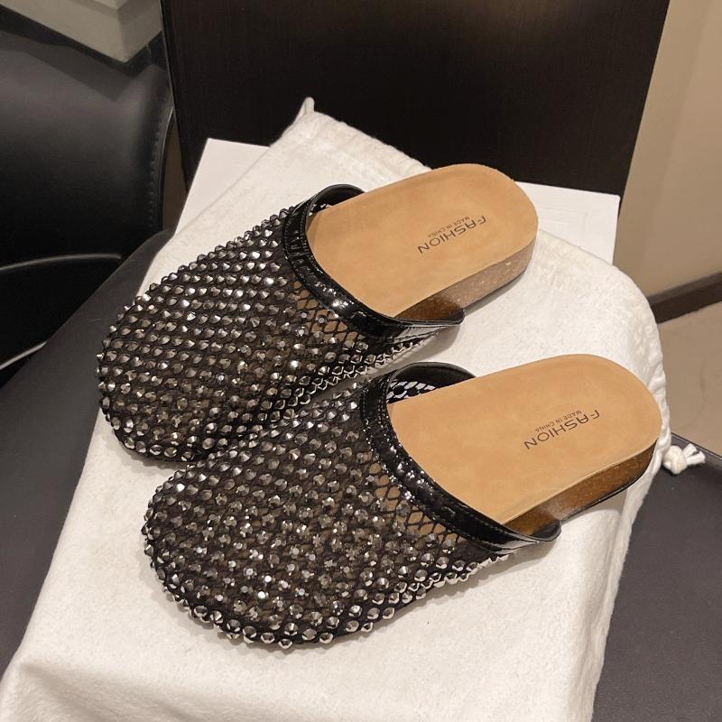 Fishnet Socks Slippers Women's Summer Rhinestone Low-heeled Flat Sandals Women's Rhinestone Slippers
