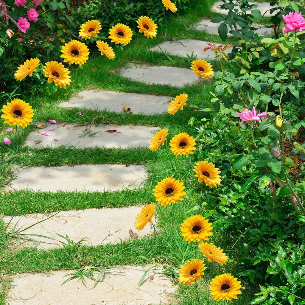 10pcs Garden Stakes Decoration Sunflower Yard Stakes Lawn Pathway Ornaments Waterproof Flower Pot Stick Indoor Outdoor