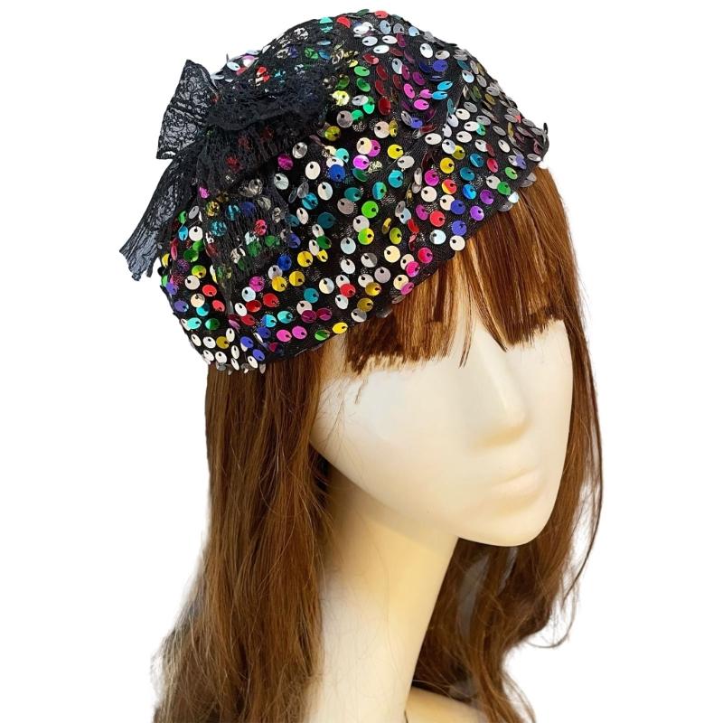 

Sequins Half Yarn Hat Shape Headband for Girls Prom Hairband for Adult Banquet French Style Hairband Cover White Hair 1