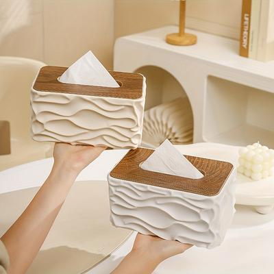 Tissue Box with Wood Grain Lid Storage Container Facial Tissues Napkins Paper Towel Holder for Home Bedroom Office Storage Gift