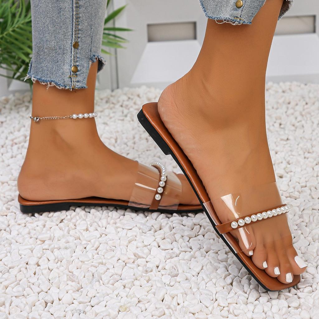 Fashion 2025 autumn new large size sandals pearl flat square toe sandals