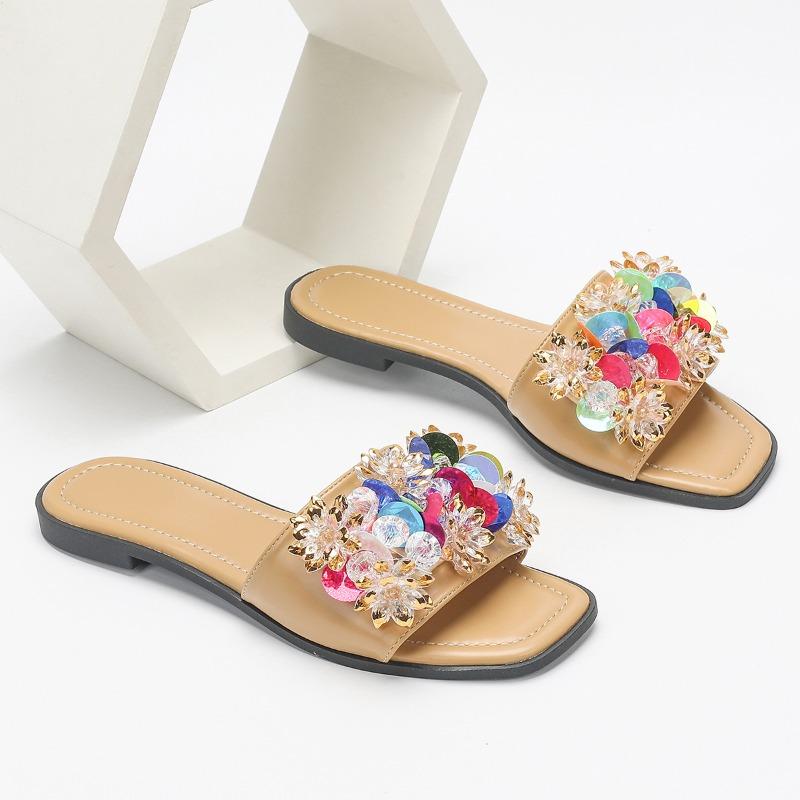 Fashion Colorful Rhinestone Flower Decoration Flat Slippers Women Lightweight Comfortable Slide Sandals Summer Beach Sandals for Women