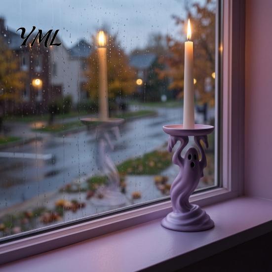 Unique Resin Crafts Cute Ghost Candle Holder, Iridescent Spooky Pedestal for Tealight Stand Taper Candles, Gothic Candlestick Home Table Decor