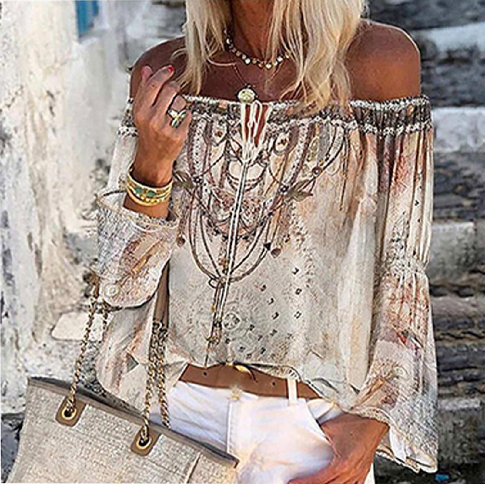 

Женская блузка с длинным рукавом с открытыми плечами и цветочным принтом, рубашка-топ S бежевый