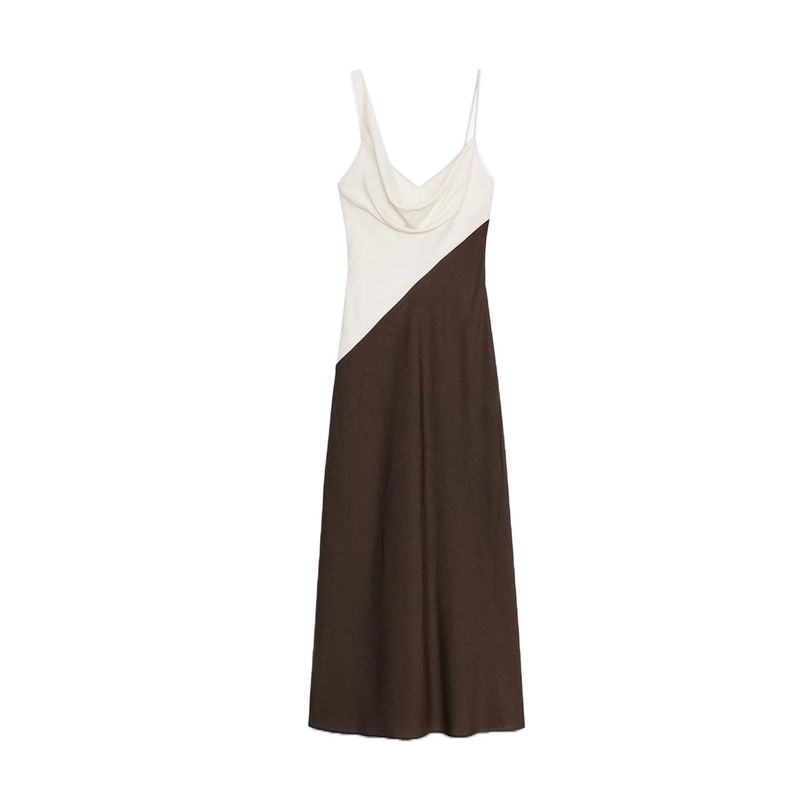 

Летняя новинка Женская одежда Французское платье-миди на бретелях с V-образным вырезом и декоративной строчкой 5029116 5029185 Brown L