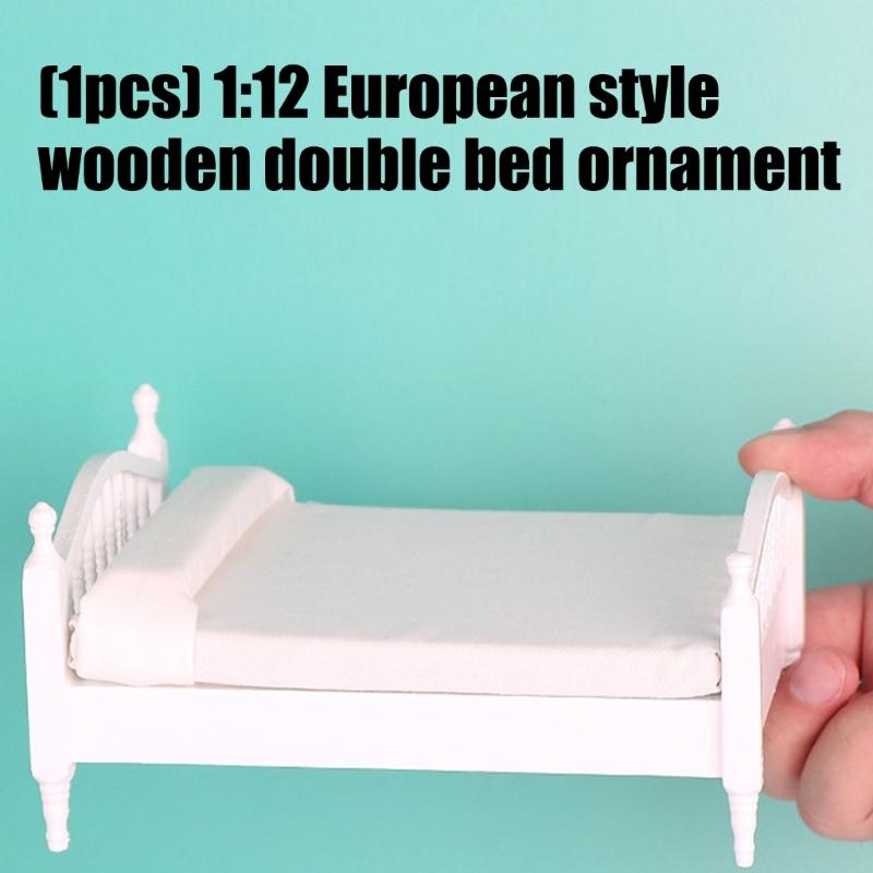 1/12 European Styles Wooden Doll House Bed For Miniature Room Decoration And Collectible Scene Display Accessories