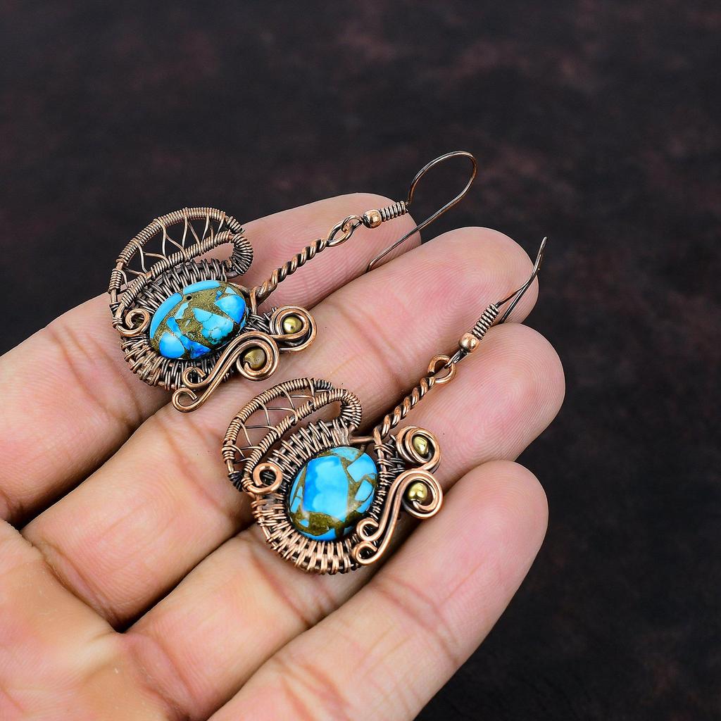Copper Blue Turquoise Earring Copper Wire Wrapped Earring Gemstone Earrings Copper Jewelry Handmade Earring Wire Wrap Jewelry Gift For Women
