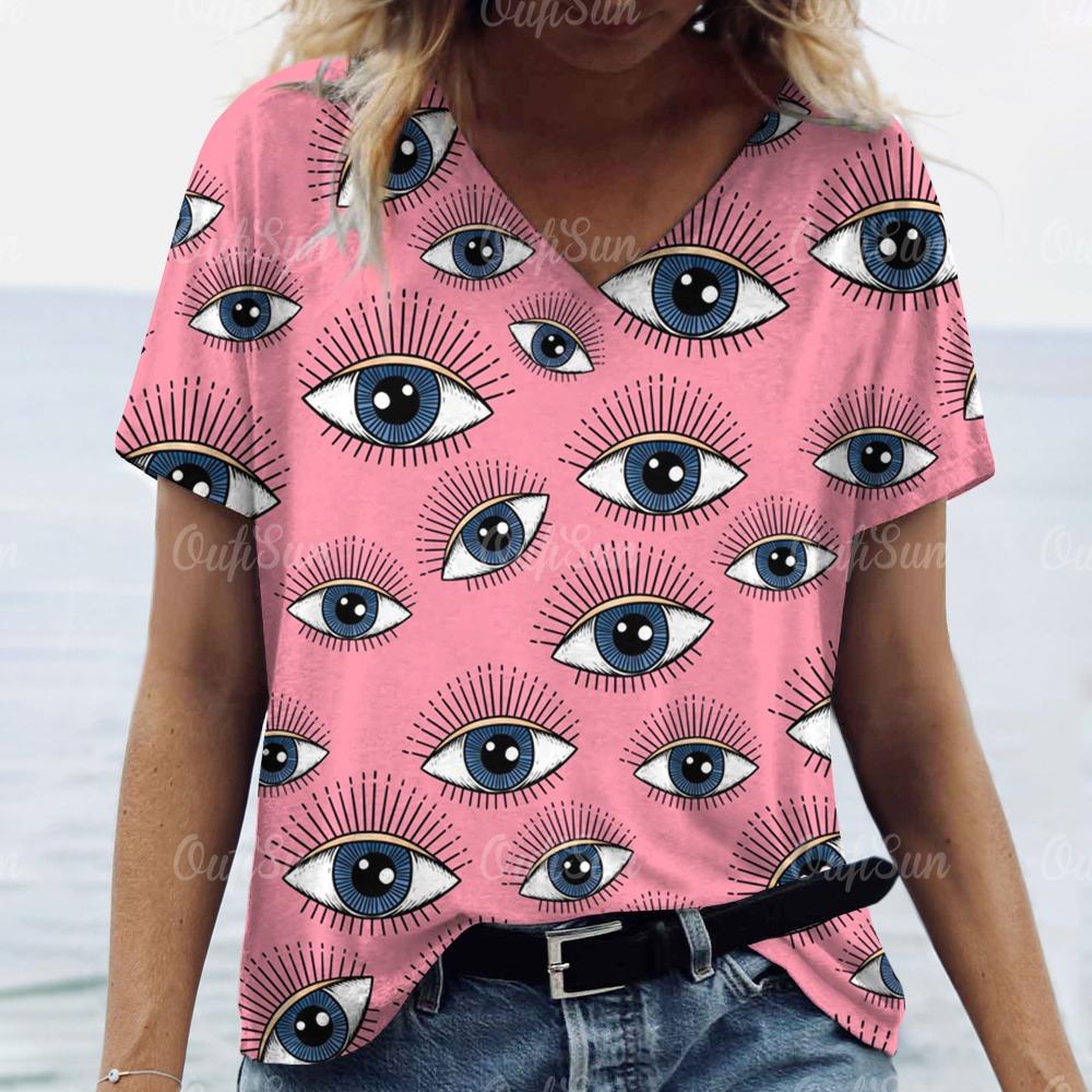 Summer Women Funny 3d Eyes Printed T-Shirt Sexy Anime Cartoon Funny V-Neck Fashion Short Sleeve Shirt Ladies Slim Plus Size Top