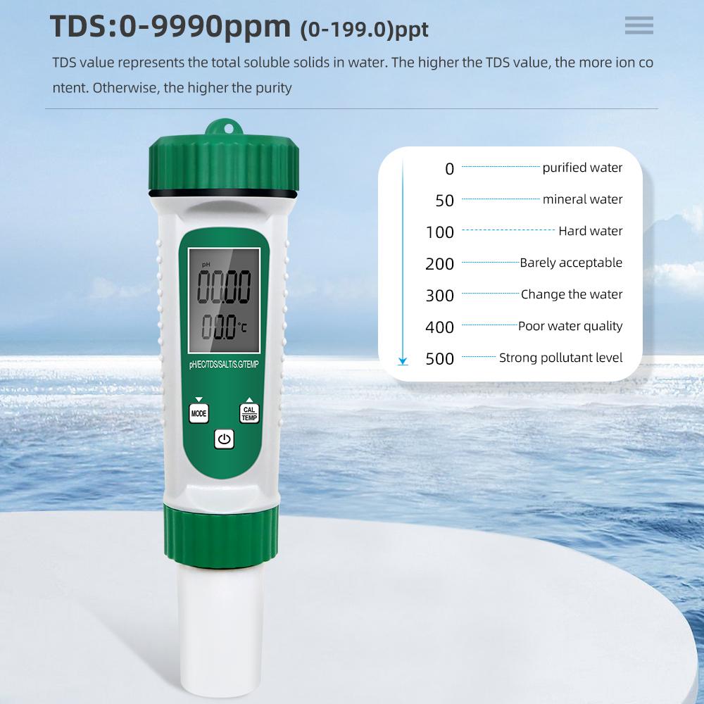 High Precision Water Quality Tester PH EC TDS SALT S.G Temperature 6 In 1 Detector PH Meter Temp Testing for Pool Aquarium