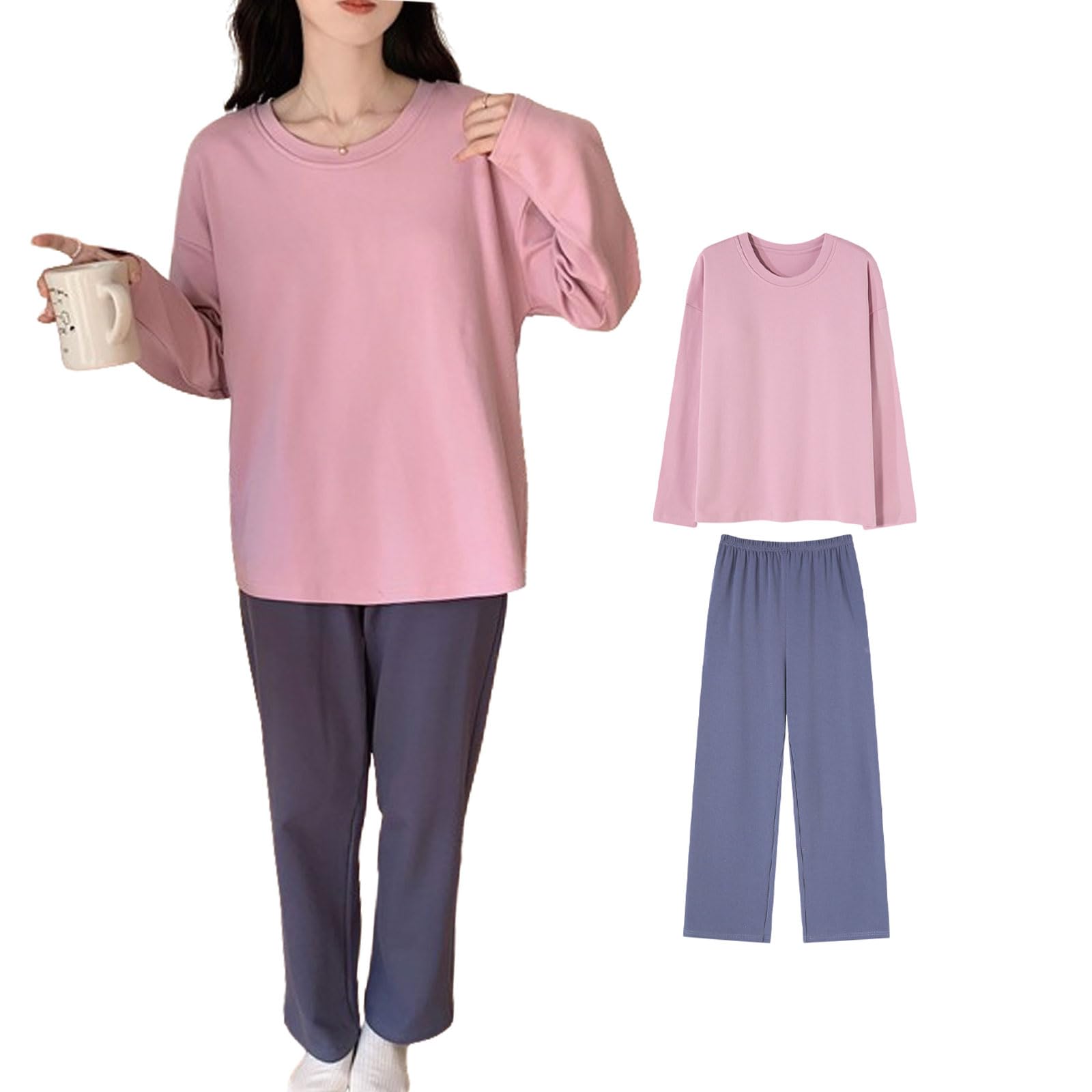 

Loungewear Long Sleeve Top and Pants Loose Pullover and Cute Pajama Perfect for Hospital or as a Change of Clothes [7-livehouse] Women s Pajamas, Set, розовый