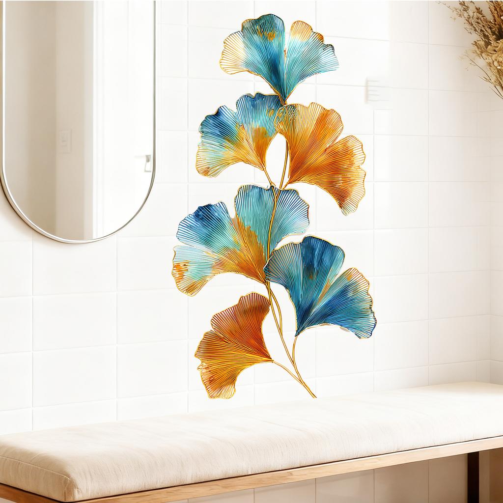 Colorful Ginkgo Leaves with Gold Foil Wall Sticker Self-Adhesive Removable for Living Room Bedroom Home Decor