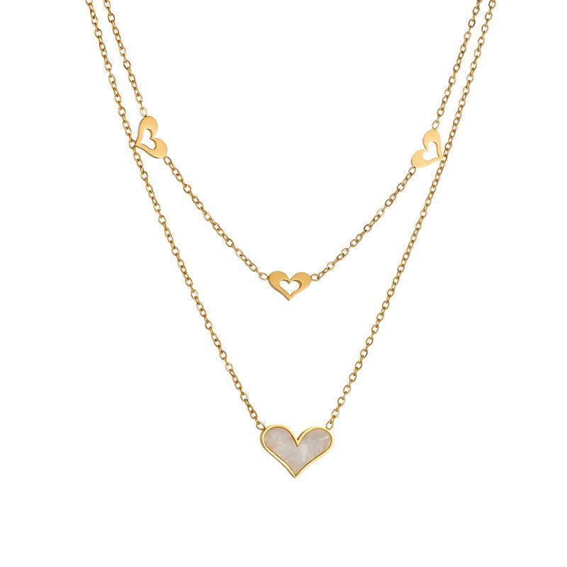Gold Plated Mother of Pearl Heart Double Layer Necklace, Stainless Steel Dainty Hollow Heart Pendant Choker, Waterproof Jewelry for Women Gift