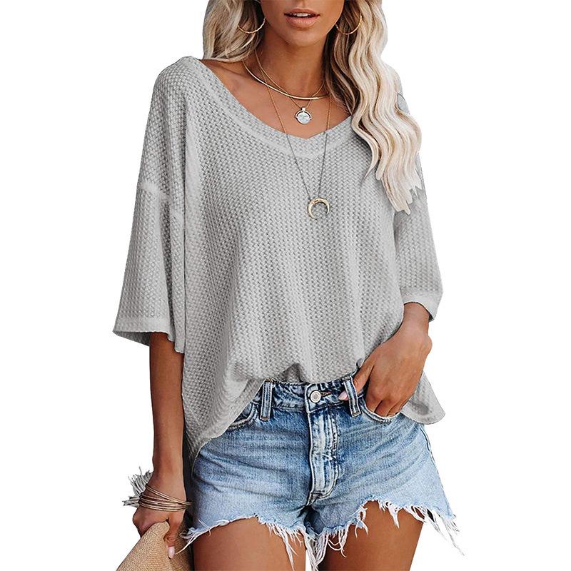 2024 Damen Sommer V-Ausschnitt Fledermausärmel Waffelstrick Kurzarm Locker T-Shirt Top