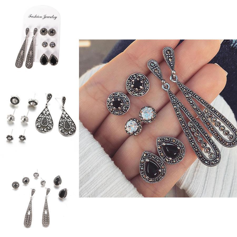 2 Style Vintage Stainless Natural Crystal Stud Earring Set Hypoallergenicearrings Jewelry Gifts