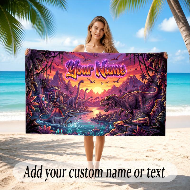 Dinosaur Theme Quick Dry Beach Towel Custom Name Text Print Large Sand Resistant Towel Beach Vacation